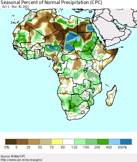 Africa Seasonal Percent of Normal Precipitation (CPC) Thematic Map For 10/1/2020 - 3/20/2021