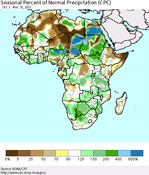 Africa Seasonal Percent of Normal Precipitation (CPC) Thematic Map For 10/1/2020 - 3/31/2021