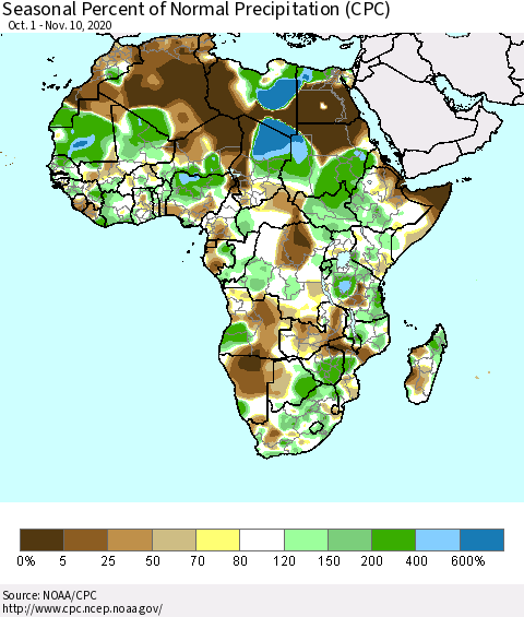 Africa Seasonal Percent of Normal Precipitation (CPC) Thematic Map For 10/1/2020 - 11/10/2020