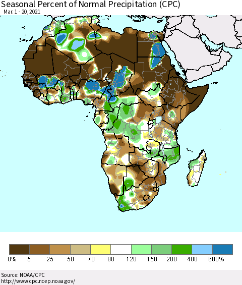 Africa Seasonal Percent of Normal Precipitation (CPC) Thematic Map For 3/1/2021 - 3/20/2021