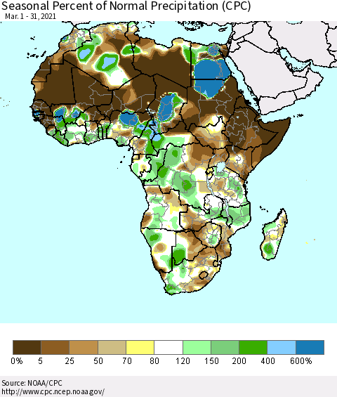 Africa Seasonal Percent of Normal Precipitation (CPC) Thematic Map For 3/1/2021 - 3/31/2021