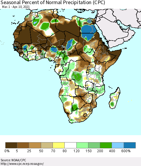 Africa Seasonal Percent of Normal Precipitation (CPC) Thematic Map For 3/1/2021 - 4/10/2021