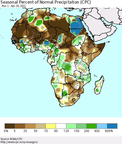 Africa Seasonal Percent of Normal Precipitation (CPC) Thematic Map For 3/1/2021 - 4/20/2021
