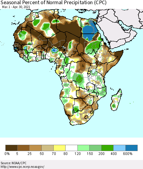 Africa Seasonal Percent of Normal Precipitation (CPC) Thematic Map For 3/1/2021 - 4/30/2021