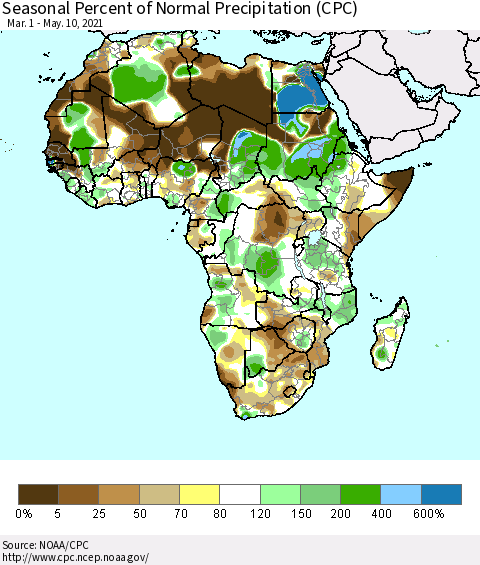 Africa Seasonal Percent of Normal Precipitation (CPC) Thematic Map For 3/1/2021 - 5/10/2021