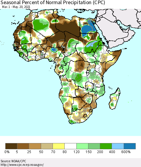 Africa Seasonal Percent of Normal Precipitation (CPC) Thematic Map For 3/1/2021 - 5/20/2021