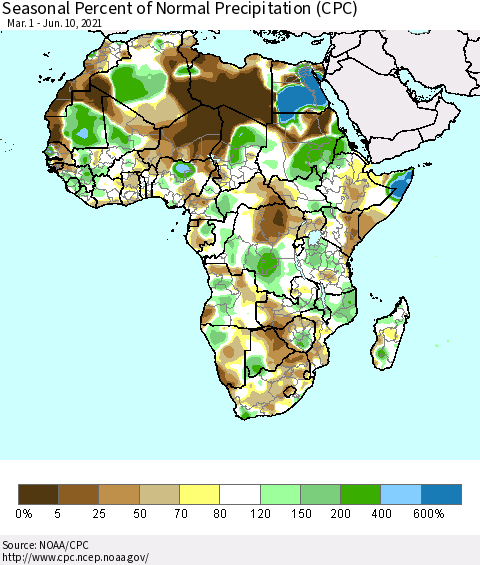 Africa Seasonal Percent of Normal Precipitation (CPC) Thematic Map For 3/1/2021 - 6/10/2021