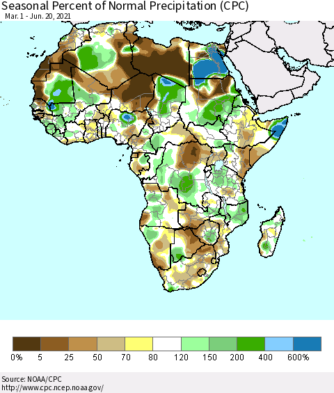 Africa Seasonal Percent of Normal Precipitation (CPC) Thematic Map For 3/1/2021 - 6/20/2021
