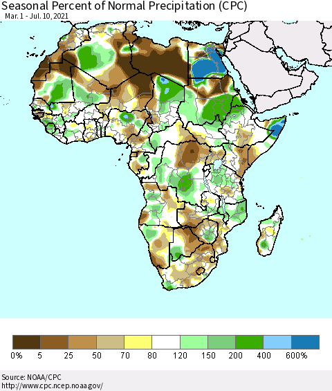 Africa Seasonal Percent of Normal Precipitation (CPC) Thematic Map For 3/1/2021 - 7/10/2021