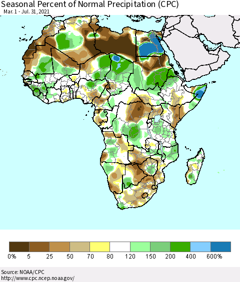 Africa Seasonal Percent of Normal Precipitation (CPC) Thematic Map For 3/1/2021 - 7/31/2021
