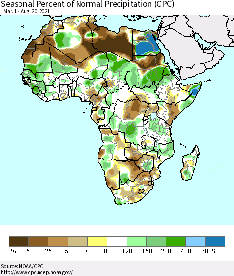 Africa Seasonal Percent of Normal Precipitation (CPC) Thematic Map For 3/1/2021 - 8/20/2021