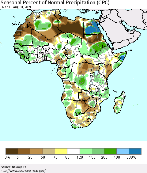 Africa Seasonal Percent of Normal Precipitation (CPC) Thematic Map For 3/1/2021 - 8/31/2021