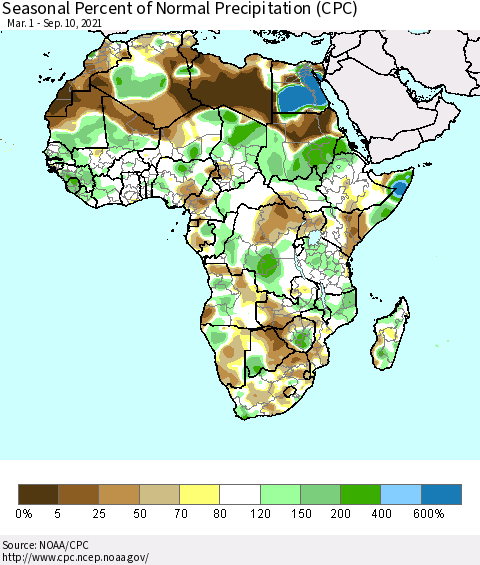 Africa Seasonal Percent of Normal Precipitation (CPC) Thematic Map For 3/1/2021 - 9/10/2021
