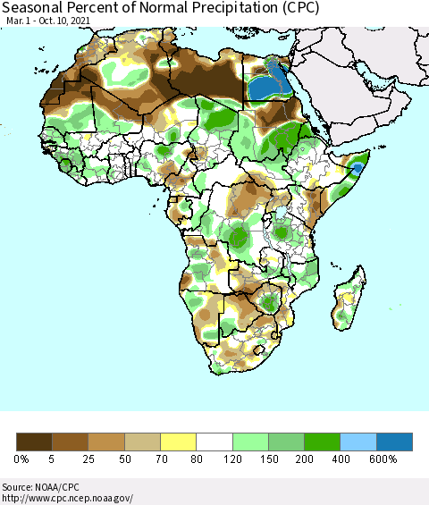 Africa Seasonal Percent of Normal Precipitation (CPC) Thematic Map For 3/1/2021 - 10/10/2021