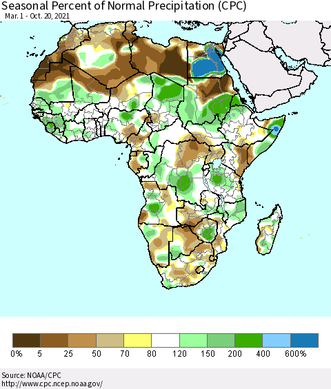 Africa Seasonal Percent of Normal Precipitation (CPC) Thematic Map For 3/1/2021 - 10/20/2021