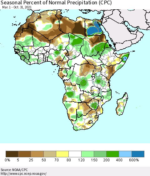 Africa Seasonal Percent of Normal Precipitation (CPC) Thematic Map For 3/1/2021 - 10/31/2021