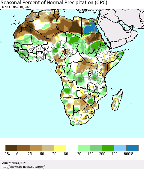 Africa Seasonal Percent of Normal Precipitation (CPC) Thematic Map For 3/1/2021 - 11/10/2021