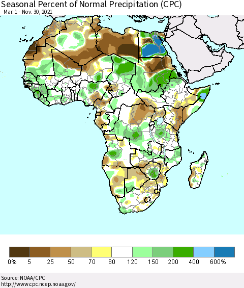 Africa Seasonal Percent of Normal Precipitation (CPC) Thematic Map For 3/1/2021 - 11/30/2021