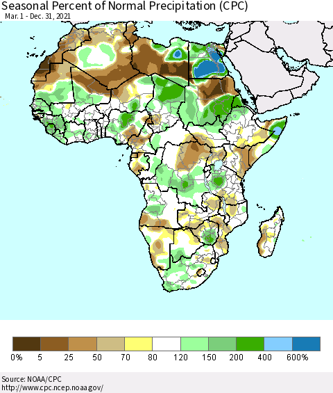 Africa Seasonal Percent of Normal Precipitation (CPC) Thematic Map For 3/1/2021 - 12/31/2021