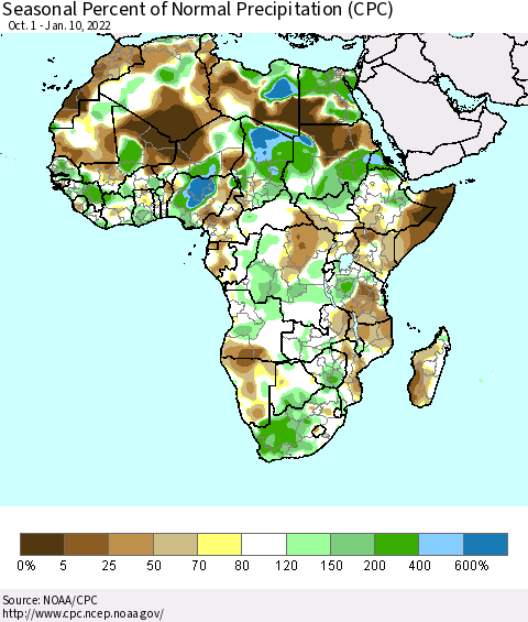 Africa Seasonal Percent of Normal Precipitation (CPC) Thematic Map For 10/1/2021 - 1/10/2022