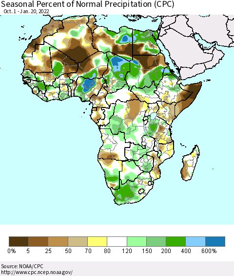 Africa Seasonal Percent of Normal Precipitation (CPC) Thematic Map For 10/1/2021 - 1/20/2022