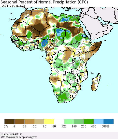 Africa Seasonal Percent of Normal Precipitation (CPC) Thematic Map For 10/1/2021 - 1/31/2022