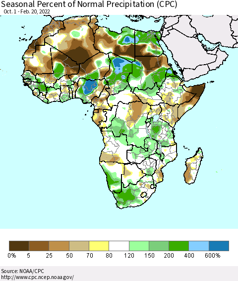 Africa Seasonal Percent of Normal Precipitation (CPC) Thematic Map For 10/1/2021 - 2/20/2022