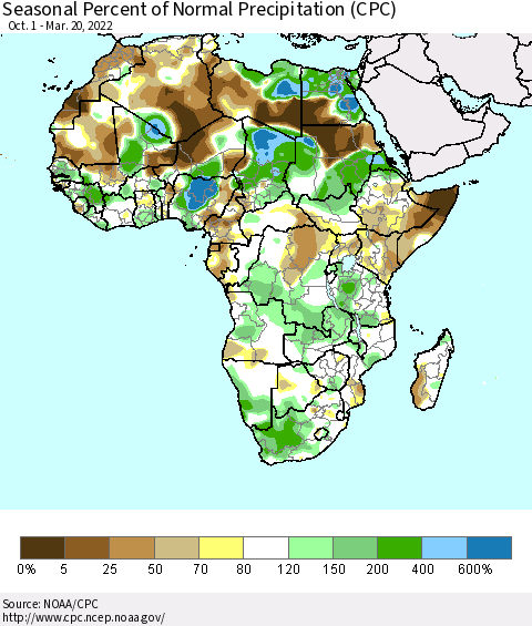 Africa Seasonal Percent of Normal Precipitation (CPC) Thematic Map For 10/1/2021 - 3/20/2022