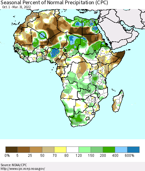 Africa Seasonal Percent of Normal Precipitation (CPC) Thematic Map For 10/1/2021 - 3/31/2022