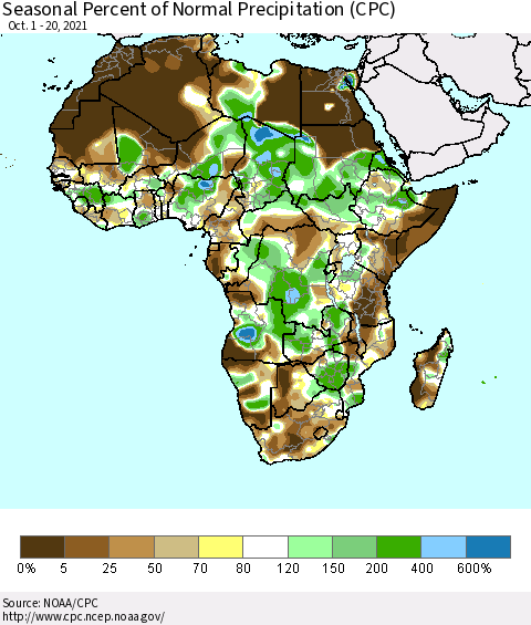 Africa Seasonal Percent of Normal Precipitation (CPC) Thematic Map For 10/1/2021 - 10/20/2021