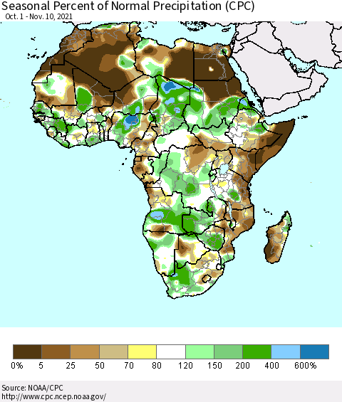 Africa Seasonal Percent of Normal Precipitation (CPC) Thematic Map For 10/1/2021 - 11/10/2021