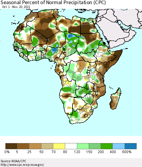 Africa Seasonal Percent of Normal Precipitation (CPC) Thematic Map For 10/1/2021 - 11/20/2021