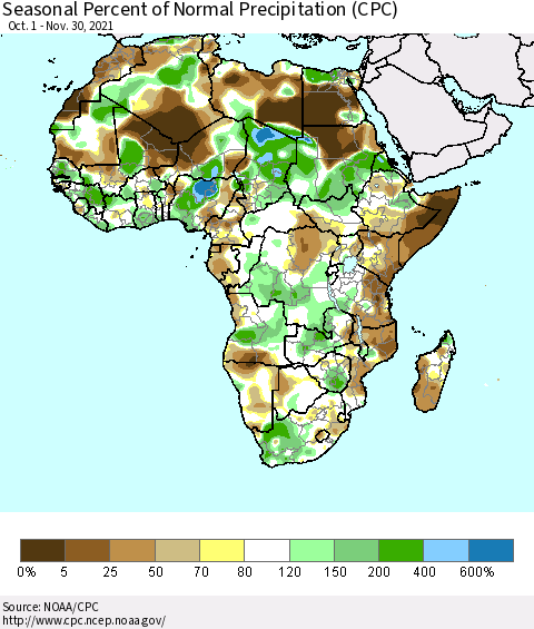 Africa Seasonal Percent of Normal Precipitation (CPC) Thematic Map For 10/1/2021 - 11/30/2021