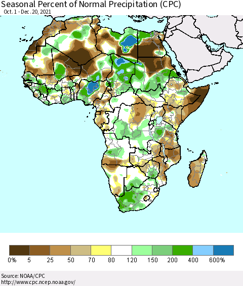 Africa Seasonal Percent of Normal Precipitation (CPC) Thematic Map For 10/1/2021 - 12/20/2021