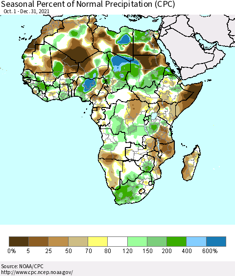 Africa Seasonal Percent of Normal Precipitation (CPC) Thematic Map For 10/1/2021 - 12/31/2021