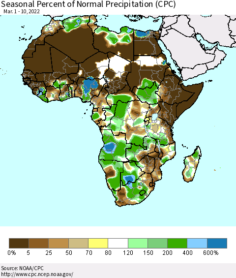 Africa Seasonal Percent of Normal Precipitation (CPC) Thematic Map For 3/1/2022 - 3/10/2022