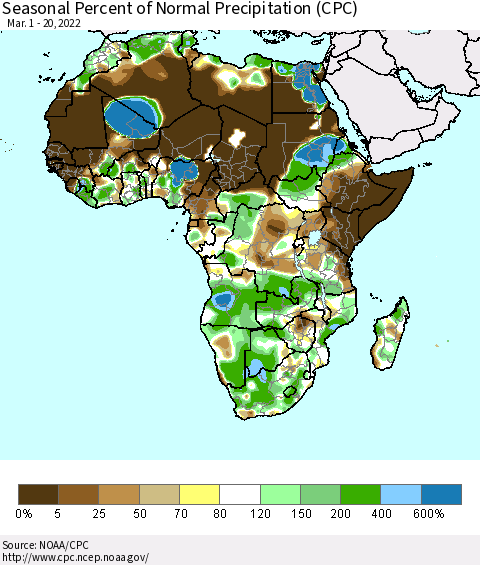 Africa Seasonal Percent of Normal Precipitation (CPC) Thematic Map For 3/1/2022 - 3/20/2022