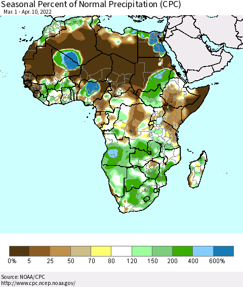 Africa Seasonal Percent of Normal Precipitation (CPC) Thematic Map For 3/1/2022 - 4/10/2022