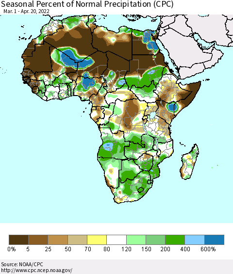 Africa Seasonal Percent of Normal Precipitation (CPC) Thematic Map For 3/1/2022 - 4/20/2022