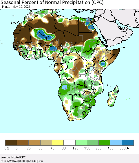 Africa Seasonal Percent of Normal Precipitation (CPC) Thematic Map For 3/1/2022 - 5/10/2022