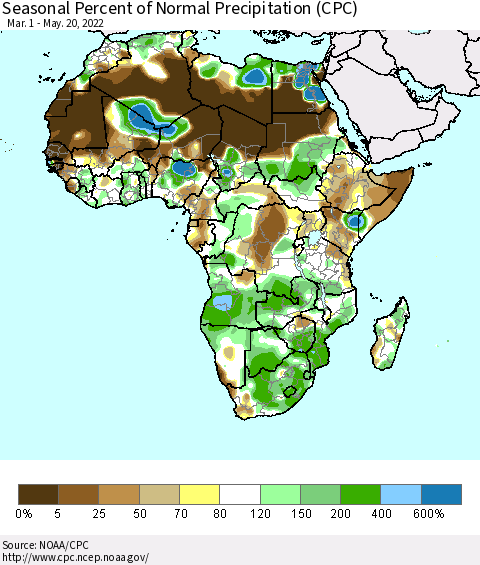 Africa Seasonal Percent of Normal Precipitation (CPC) Thematic Map For 3/1/2022 - 5/20/2022