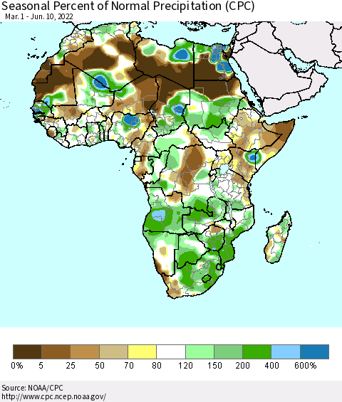 Africa Seasonal Percent of Normal Precipitation (CPC) Thematic Map For 3/1/2022 - 6/10/2022