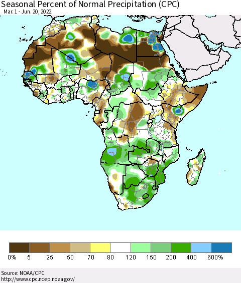 Africa Seasonal Percent of Normal Precipitation (CPC) Thematic Map For 3/1/2022 - 6/20/2022