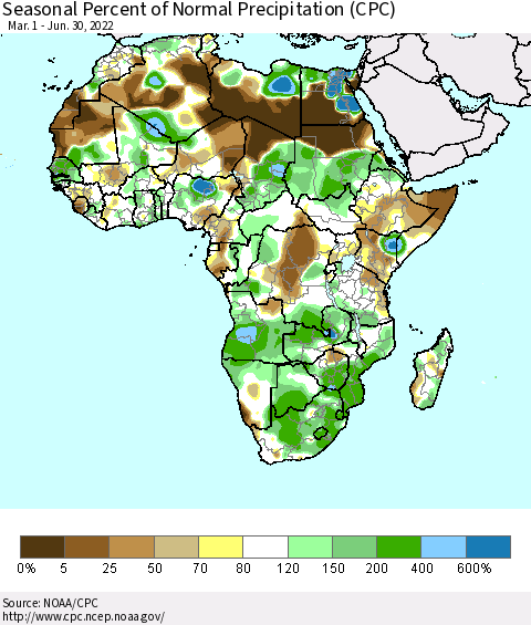 Africa Seasonal Percent of Normal Precipitation (CPC) Thematic Map For 3/1/2022 - 6/30/2022