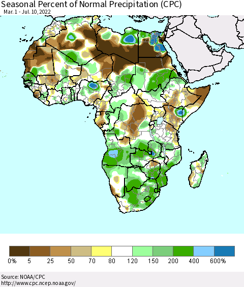 Africa Seasonal Percent of Normal Precipitation (CPC) Thematic Map For 3/1/2022 - 7/10/2022