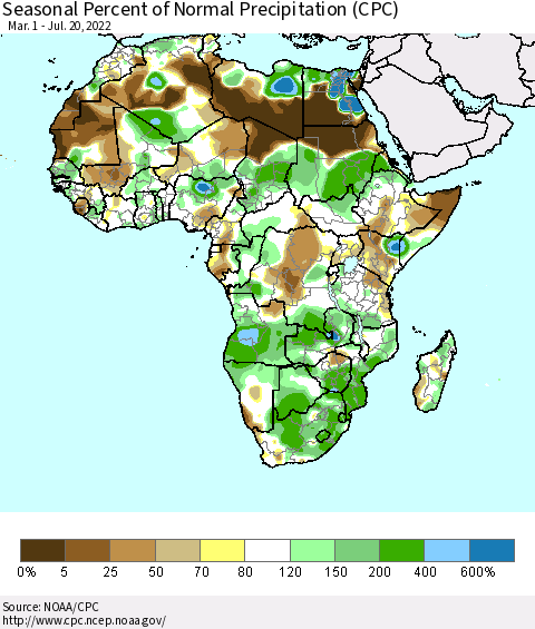 Africa Seasonal Percent of Normal Precipitation (CPC) Thematic Map For 3/1/2022 - 7/20/2022