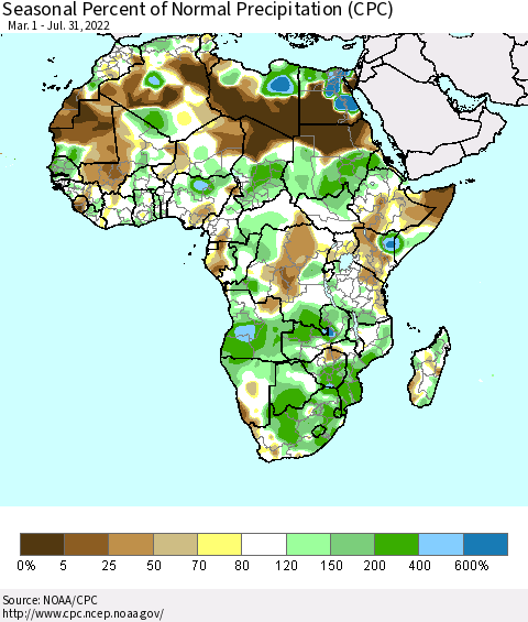 Africa Seasonal Percent of Normal Precipitation (CPC) Thematic Map For 3/1/2022 - 7/31/2022