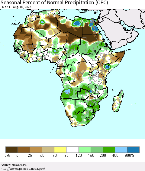 Africa Seasonal Percent of Normal Precipitation (CPC) Thematic Map For 3/1/2022 - 8/10/2022