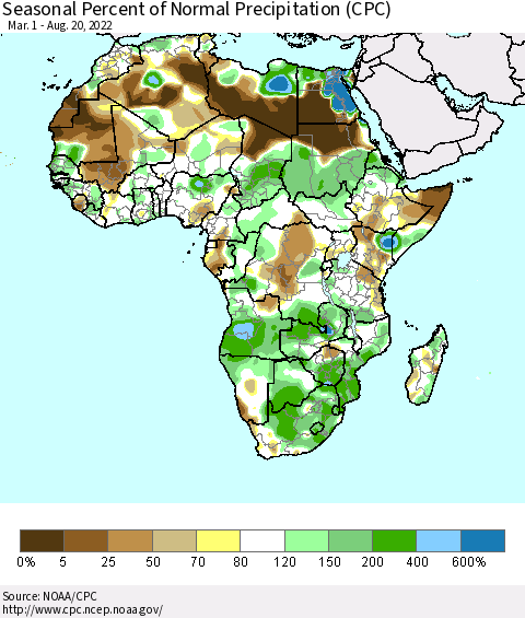 Africa Seasonal Percent of Normal Precipitation (CPC) Thematic Map For 3/1/2022 - 8/20/2022