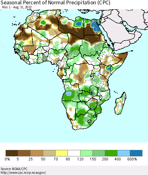 Africa Seasonal Percent of Normal Precipitation (CPC) Thematic Map For 3/1/2022 - 8/31/2022